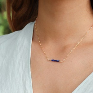 Blue lapis lazuli semi-precious gemstone beaded bar necklace. Tiny gem bead necklace. Genuine crystal September birthstone necklace gift. image 1