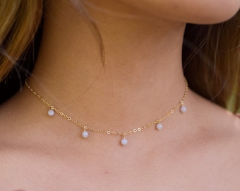 Blue Lace Agate boho choker. Blue Lace Agate bead drop choker. Blue Lace Agate choker. Blue bead choker. Blue crystal choker necklace.