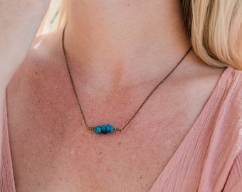 Apatite gemstone bar necklace - Apatite bead necklace - Tiny apatite necklace - Blue apatite faceted bead bar necklace - Gemini birthstone