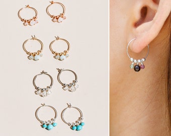 Custom Gemstone Dangle Hoop Earrings, Sterling Silver, Boho Gem Earrings