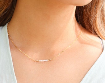 Rainbow moonstone semi-precious gemstone beaded bar necklace. Tiny sparkle bead necklace. Real genuine June birthstone necklace gift for her