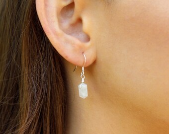 Mini Rainbow Moonstone Double Terminated Crystal Point Dangle Drop Earrings by Handmade Genuine Gemstone Jewellery Brand Luna Tide
