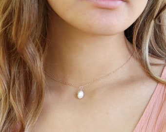 Tiny raw freshwater pearl gemstone pendant choker necklace in gold, silver, bronze or rose gold - June birthstone necklace