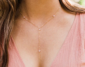 Rose quartz bead chain lariat necklace in bronze, silver, gold or rose gold. 16" long with 2" adjustable extender. January birthstone