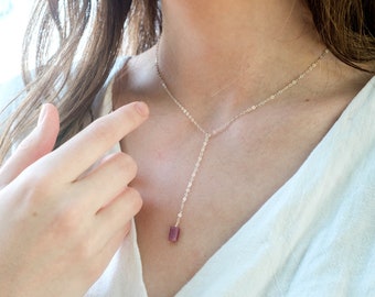 Rough red ruby crystal lariat necklace in gold, silver, bronze or rose gold. Adjustable 16-18" length. July birthstone necklace
