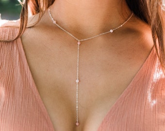 Pink Peruvian opal bead chain lariat necklace in bronze, silver, gold or rose gold. 16" long with 2" adjustable extender. October birthstone