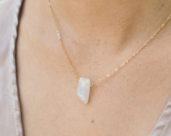 Small rainbow moonstone slab point necklace. Genuine stone crystal necklace. Little gemstone necklace. July birthstone necklace gift for her