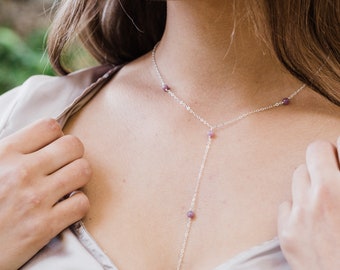 Ruby bead chain lariat necklace in bronze, silver, gold or rose gold. 16" long with 2" adjustable extender. July birthstone necklace
