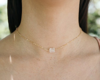 Tiny clear crystal quartz raw choker necklace. Rough nugget April birthstone jewellery. Handmade white real stone mineral gift for women.
