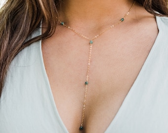 Emerald crystal bead chain lariat necklace in bronze, silver, gold or rose gold - 16" chain with 2" adjustable extender. May birthstone