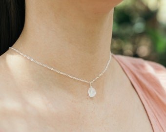 Tiny raw crystal quartz gemstone pendant choker necklace. April birthstone gift for women. Small rough natural stone short chain jewellery.