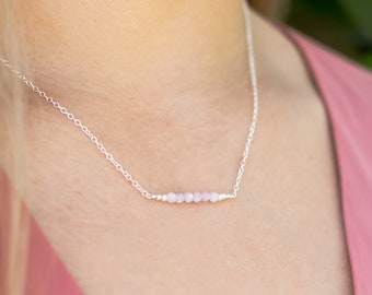 Handmade Kunzite Beaded Bar Necklace – Sterling Silver, Pink Crystal
