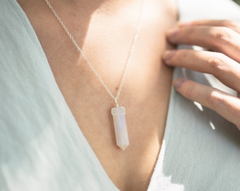 Large white moonstone crystal generator point pendant necklace. Natural stone June birthstone necklace. Natural gemstone jewellery gift.