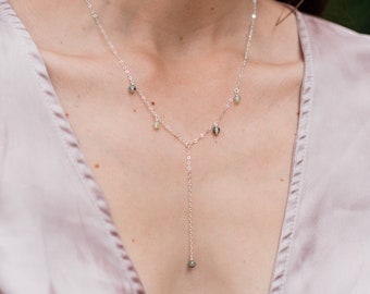 Green prehnite boho bead drop lariat necklace in bronze, silver, gold or rose gold - 18" chain with 2" adjustable extender and 3" drop