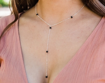Black onyx crystal beaded chain lariat necklace in bronze, silver, gold or rose gold. 16" chain with 2" adjustable extender. July birthstone