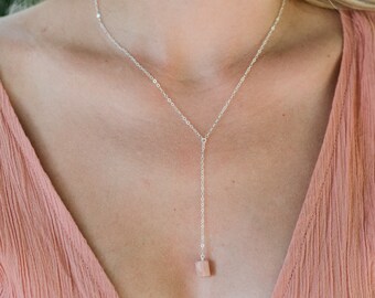 Rough pink Peruvian opal crystal lariat necklace in gold, silver, bronze or rose gold. Adjustable 16-18" length. October birthstone necklace