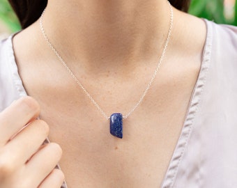 Small lapis lazuli necklace - Little lapis lazuli crystal necklace - Tiny blue lapis lazuli slab necklace - September birthstone necklace