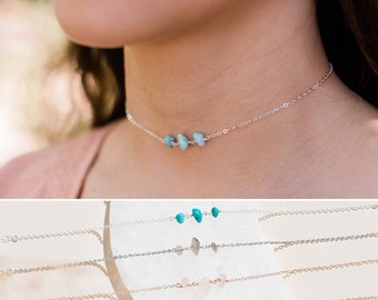 Personalized Crystal Chip Choker Necklace, Birthstone Gemstone Beaded Chain
