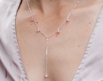 Pink Peruvian opal boho bead drop lariat necklace in bronze, silver, gold or rose gold - 18" with 2" extender & 3" drop. October birthstone