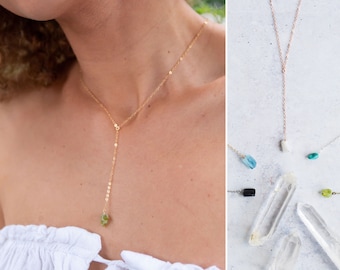 Custom Raw Crystal Lariat Necklace, Birthstone Gem Y Necklace