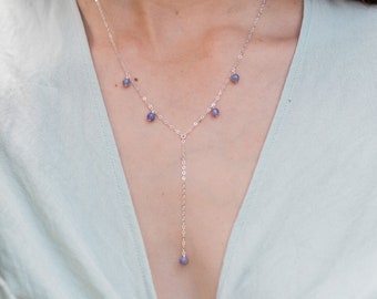 Tanzanite bead lariat necklace. Purple gemstone lariat necklace. Blue tanzanite gold Y necklace. Dainty boho lariat necklace gift for her.
