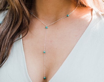 Turquoise minimal lariat drop necklace. Turquoise necklace. Y necklace. Dainty silver lariat. Y necklaces silver. December birthstone.