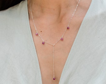 Ruby Y Necklace, Sterling Silver Lariat with Genuine Ruby Beads