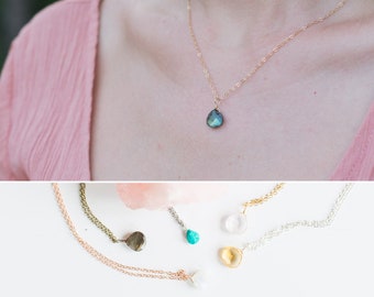 Custom tiny gemstone teardrop necklace. Personalise by choosing your gem pendant, length & metal/chain. Birthstone crystal necklace gift.