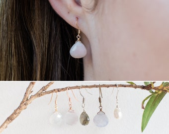 Personalised tiny gemstone teardrop dangle earrings. Custom by choosing your birthstone crystal and metal. Bridesmaid gift earrings.
