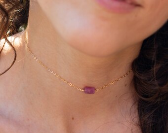 Tiny raw red pink ruby crystal nugget choker necklace in gold, silver, bronze or rose gold - Handmade to order. July birthstone.