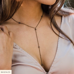 Labradorite crystal beaded chain lariat necklace in bronze, silver, gold or rose gold. 16&quot; chain with 2&quot; adjustable extender and 4&quot; drop