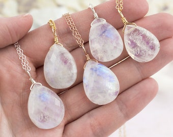 Blue Flash Moonstone Necklace - Rainbow Moonstone Pendant -  Pear Drop Moonstone Necklace - Large Moonstone Necklace - June Birthstone