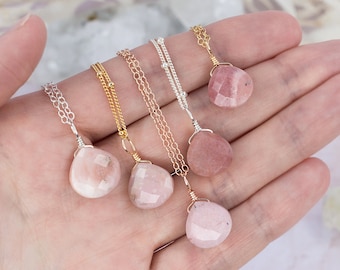 Tiny pink Peruvian opal necklace - Small pink opal teardrop necklace - Natural pale pink opal crystal necklace - October birthstone necklace