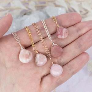 Tiny pink Peruvian opal necklace Small pink opal teardrop necklace Natural pale pink opal crystal necklace October birthstone necklace image 1
