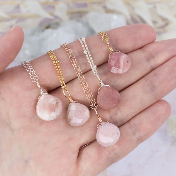 Tiny pink Peruvian opal necklace - Small pink opal teardrop necklace - Natural pale pink opal crystal necklace - October birthstone necklace