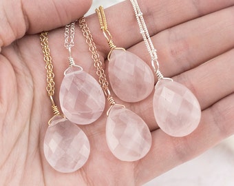 Large rose quartz crystal teardrop necklace - Faceted pink genuine gemstone pear drop jewellery - January birthstone gift for mom & women