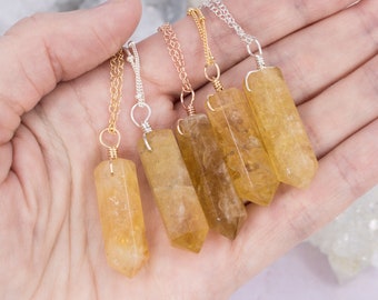 Large citrine crystal point generator pendant necklace. Yellow November birthstone necklace. Natural gold gemstone jewellery for her.