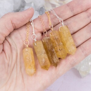 Large citrine crystal point generator pendant necklace. Yellow November birthstone necklace. Natural gold gemstone jewellery for her.
