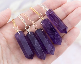 Large amethyst crystal point generator pendant necklace. Real stone February birthstone. Natural purple mineral gemstone jewellery for women