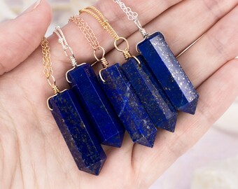 Lapis Lazuli Crystal Generator Point Pendant Necklace. Blue