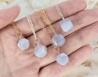 Tiny raw blue lace agate gemstone pendant necklace in gold, silver, bronze or rose gold - 16" chain with 2" adjustable extender