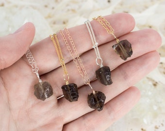 Tiny raw smoky quartz crystal pendant necklace - Genuine gemstone rough cut jewellery - Handmade natural mineral gift for spiritual women