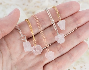 Tiny raw pink rose quartz gemstone pendant necklace in gold, silver, bronze or rose gold - January birthstone necklace