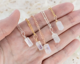 Mini Rainbow Moonstone Double Terminated Crystal Point Pendant Necklace by Handmade Genuine Gemstone Jewellery Brand Luna Tide