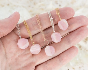 Raw opal necklace. Tiny raw pink Peruvian opal gemstone pendant necklace in gold, silver, bronze or rose gold - October birthstone necklace