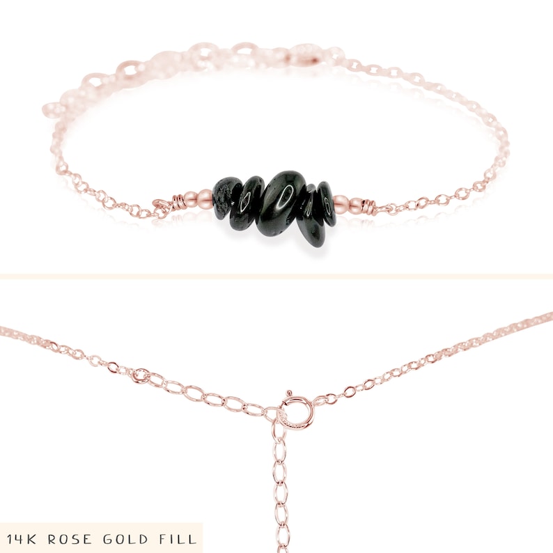 silver gold or rose gold Black Tourmaline bead bar crystal gemstone anklet in bronze 8 chain with 2 adjustable extender