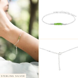 Green peridot bead bracelet. Tiny peridot rondelle bead bar gemstone bracelet. Peridot beaded bar bracelet. August birthstone bracelet. Sterling Silver