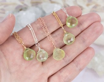 Tiny prehnite necklace - Small green prehnite faceted teardrop necklace - Natural light green gemstone necklace - Genuine prehnite necklace