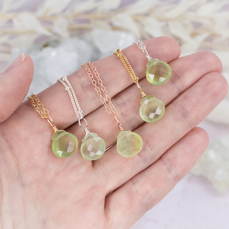 Tiny prehnite necklace Small green prehnite faceted teardrop necklace Natural light green gemstone necklace Genuine prehnite necklace image 1