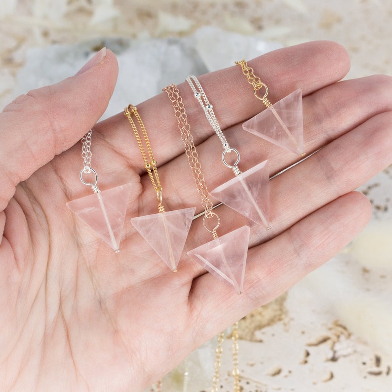 Rose Quartz Triangle Necklace Rose Quartz Necklace Long Rose Crystal Quartz Necklace Pink Crystal Quartz Necklace Love Quartz image 1